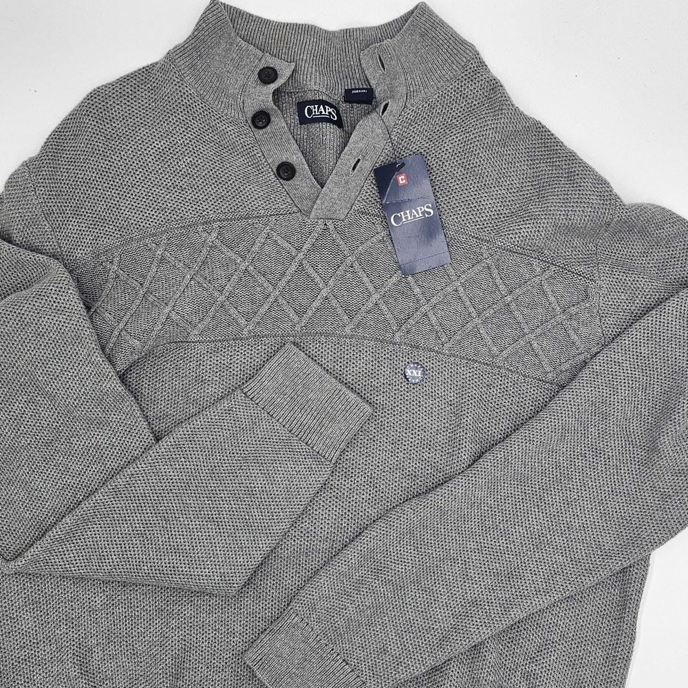 Chaps Men's XXL Gray Heather Button‎ Mock Neck Sweater Knit Pullover NWT